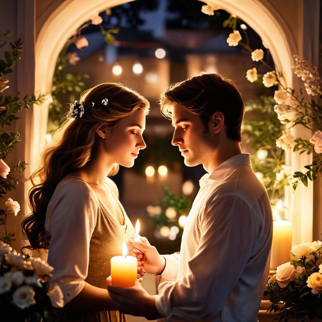 A warm, inviting scene depicting a couple gazing into each other's eyes, surrounded by soft, glowing candlelight, with delicate flowers intertwined in the background. Subtle symbols of love, like hearts and intertwined hands, enhance the atmosphere of romance and intimacy. Soft, dreamy colors create a soothing ambiance, emphasizing emotional connection and pleasure. super-realistic. soft focus. warm tones.